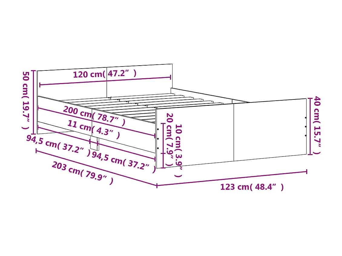 Cadre de lit tête de lit et pied de lit chêne sonoma 120x200