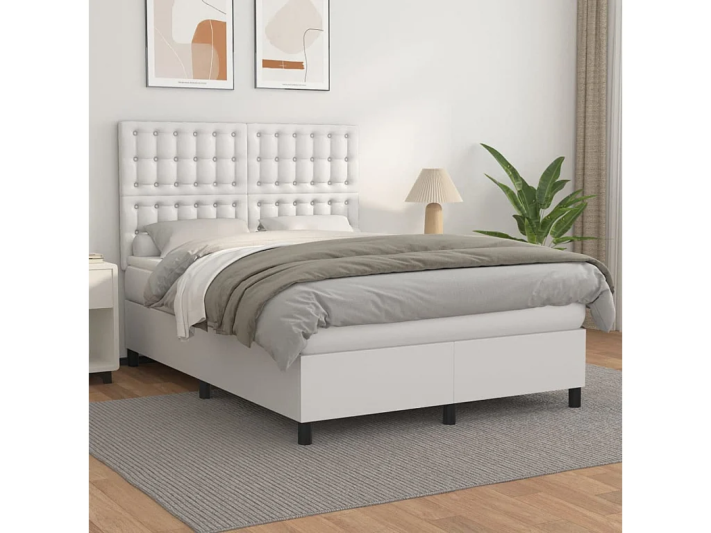 Sommier à lattes de lit avec matelas Blanc 140x190 Similicuir