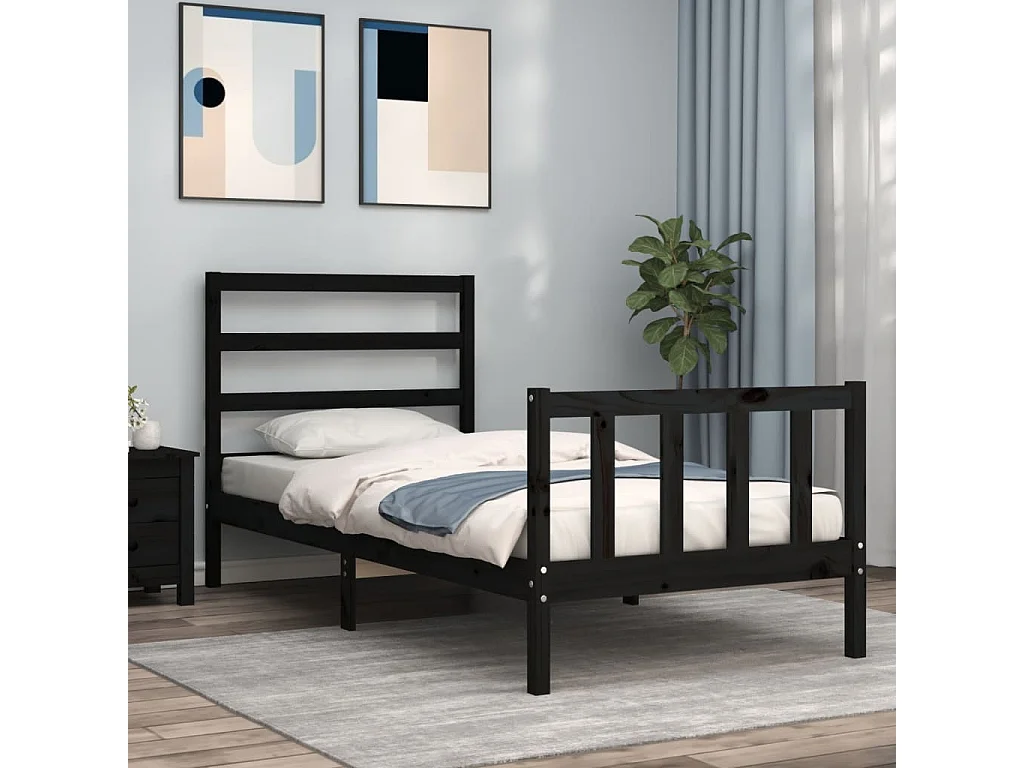 Cadre de lit avec tête de lit noir petit simple bois massif