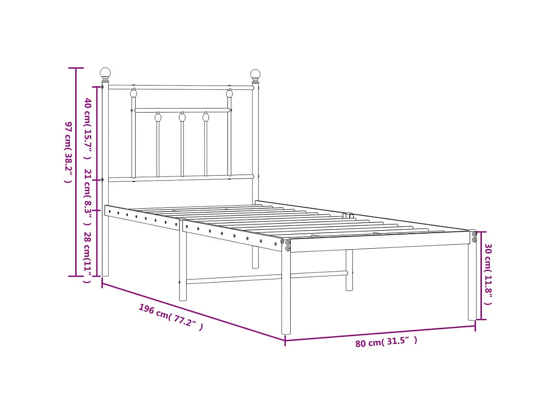 Bedframe met hoofdbord metaal wit 75 x 190 cm