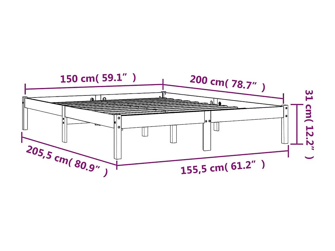 Cadre de lit marron 150x200 bois de pin massif