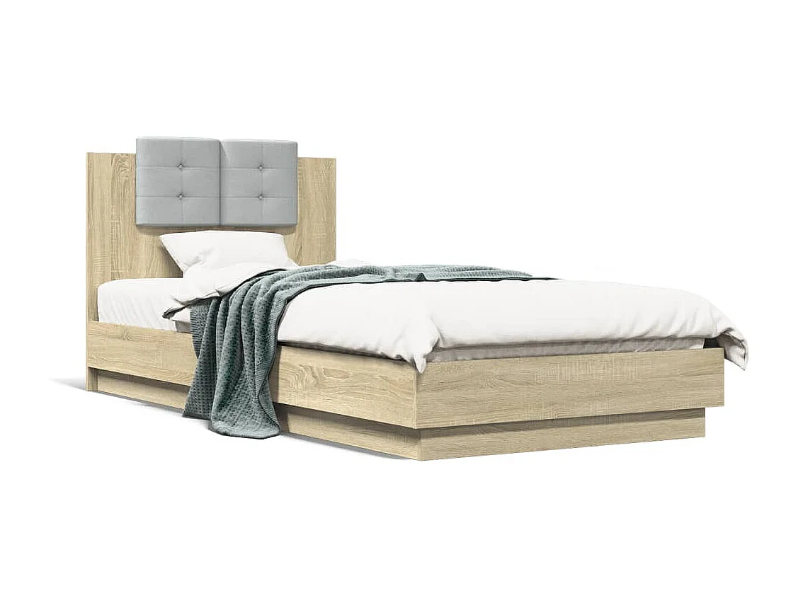Cadre de lit tête de lit et lumières LED chêne sonoma 100x200