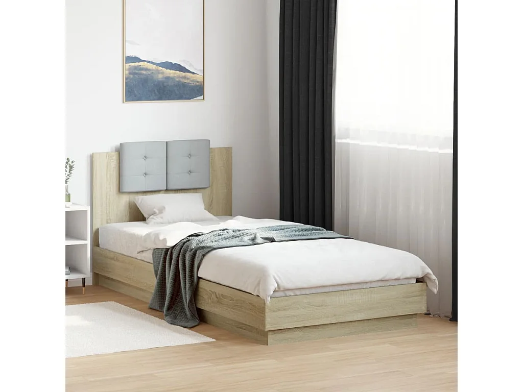 Cadre de lit tête de lit et lumières LED chêne sonoma 100x200