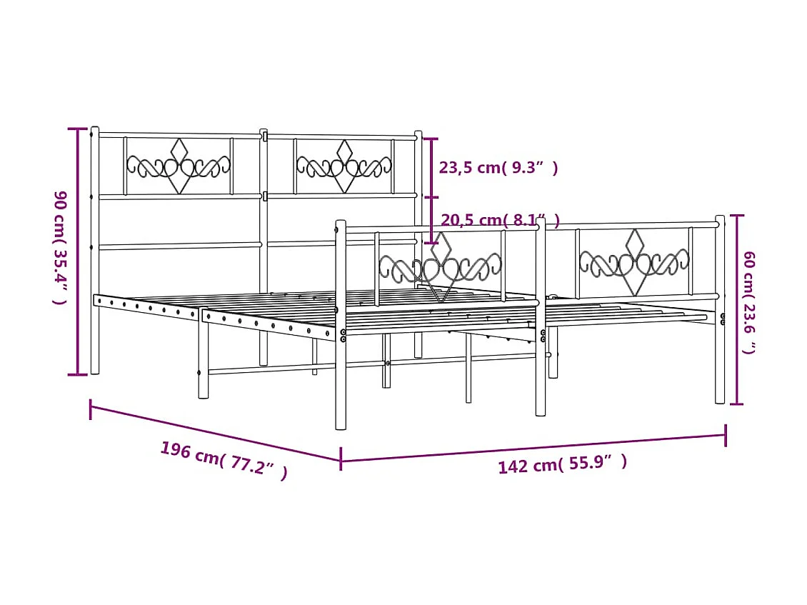 Cadre de lit métal avec tête de lit-pied de lit noir 135x190