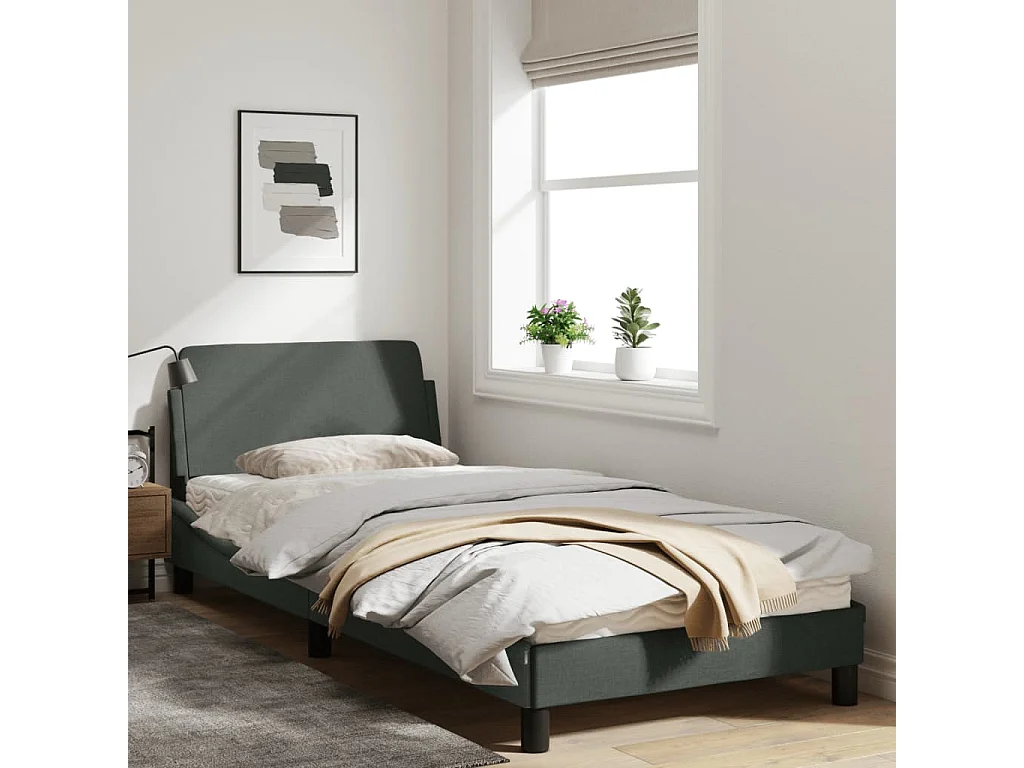 Bedframe met hoofdbord stof donkergrijs 90x190 cm