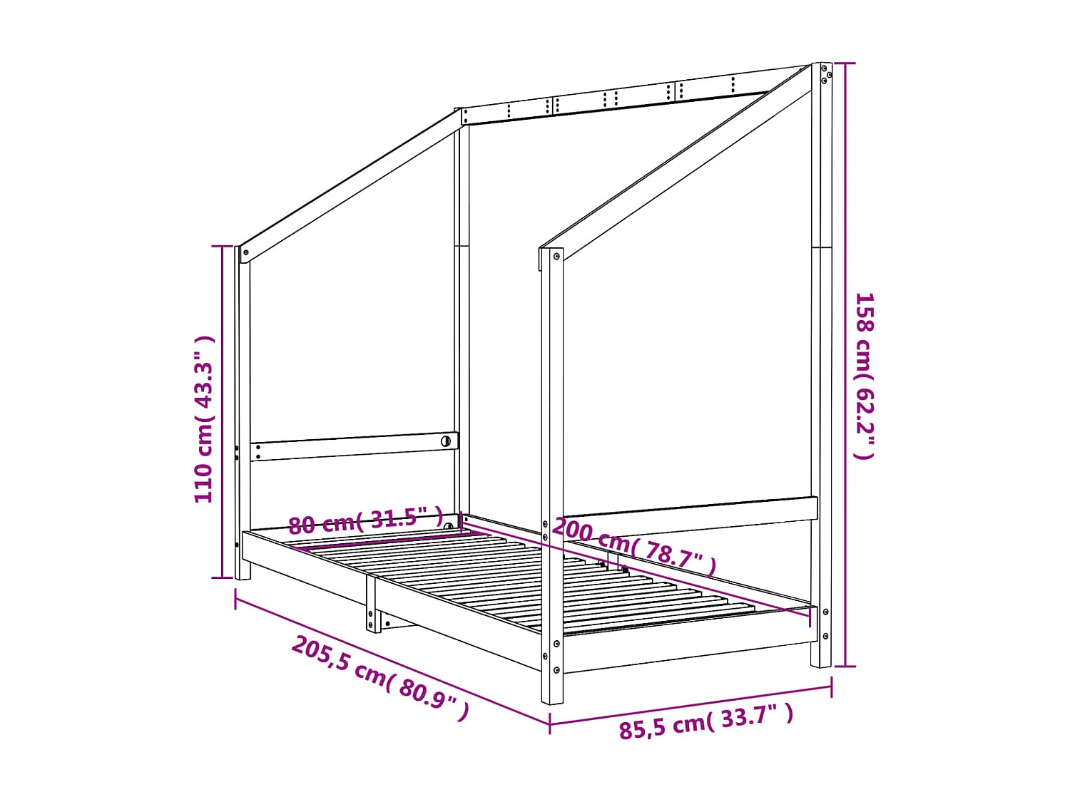 Cadre de lit pour enfants noir 80x200 bois de pin massif