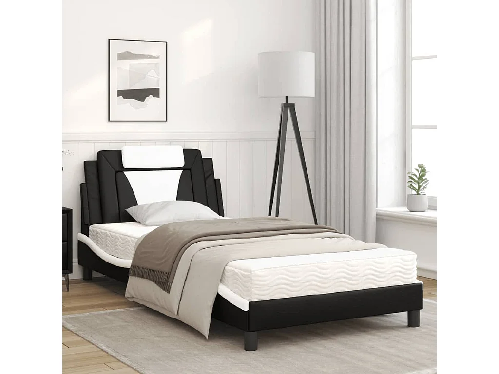 Lit avec matelas noir et blanc 100x200 similicuir