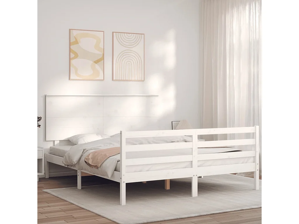 Cadre de lit avec tête de lit blanc King Size bois massif