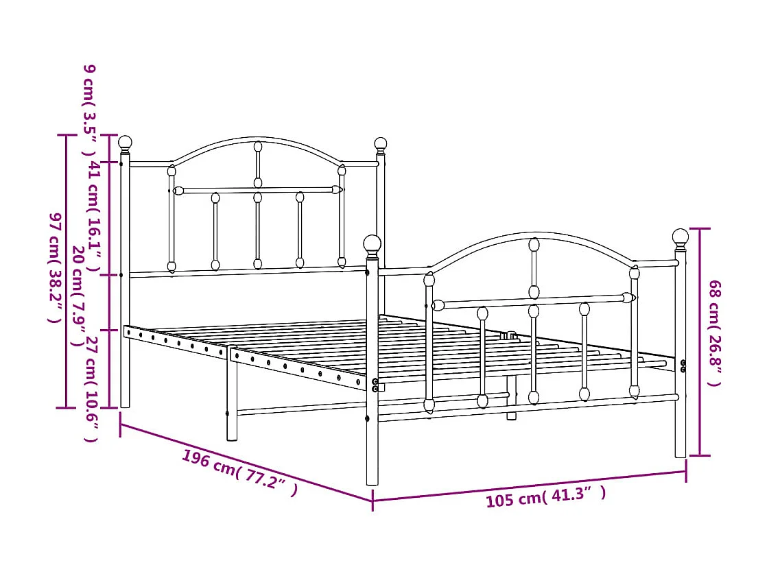 Cadre de lit métal avec tête de lit-pied de lit noir 100x190