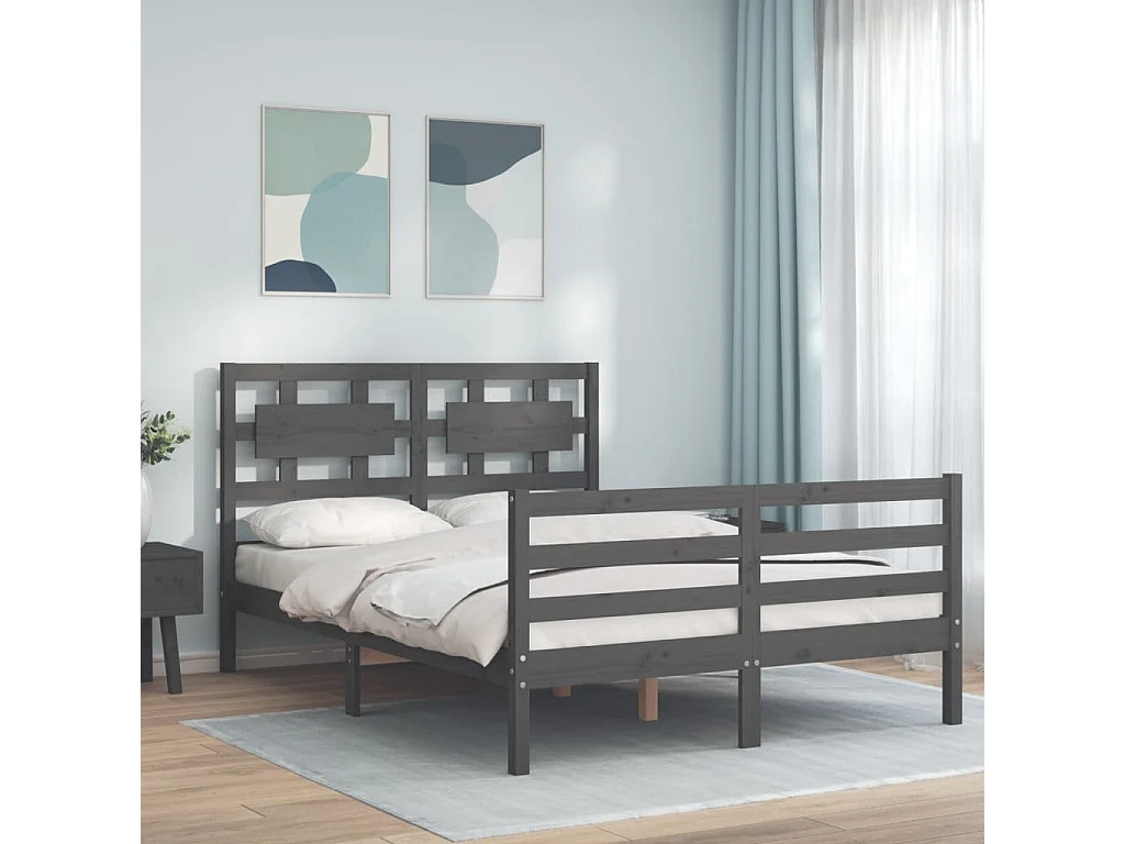 Cadre de lit avec tête de lit gris 140x190 bois massif