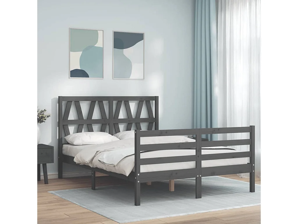 Cadre de lit avec tête de lit gris 140x190 bois massif