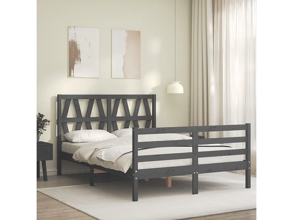 Cadre de lit avec tête de lit gris 140x190 bois massif