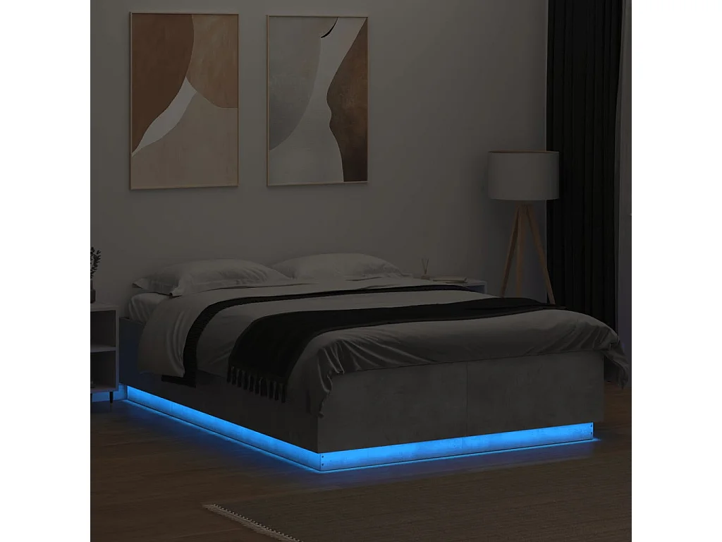 Cadre de lit avec lumières LED gris béton 150x200