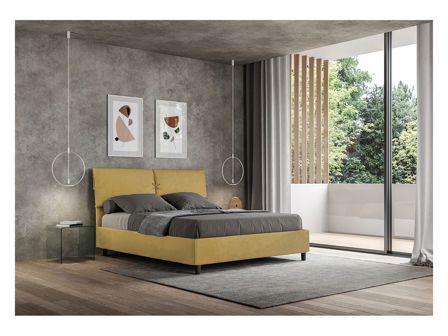 Lit sans sommier rembourré 160x200 microfibre ocre Mados