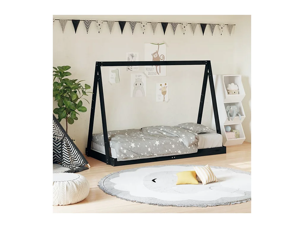 Cadre de lit pour enfant noir 80x160 bois de pin massif