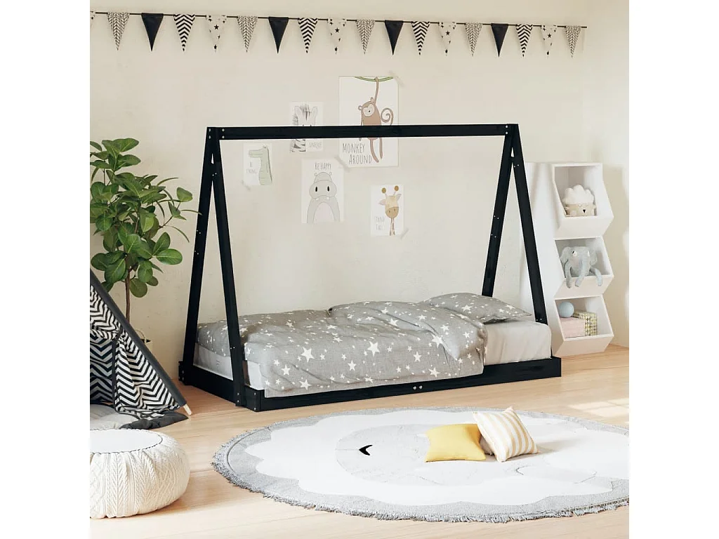 Cadre de lit pour enfant noir 80x160 bois de pin massif