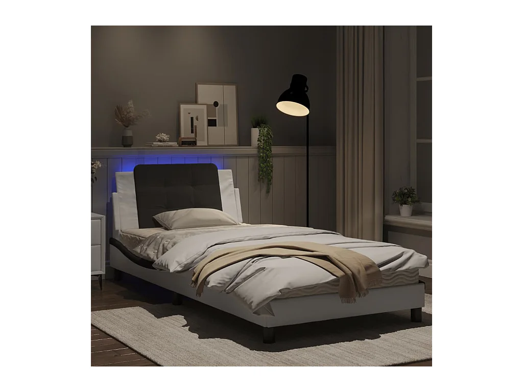 Cadre de lit avec lumières LED blanc noir 100x200 similicuir