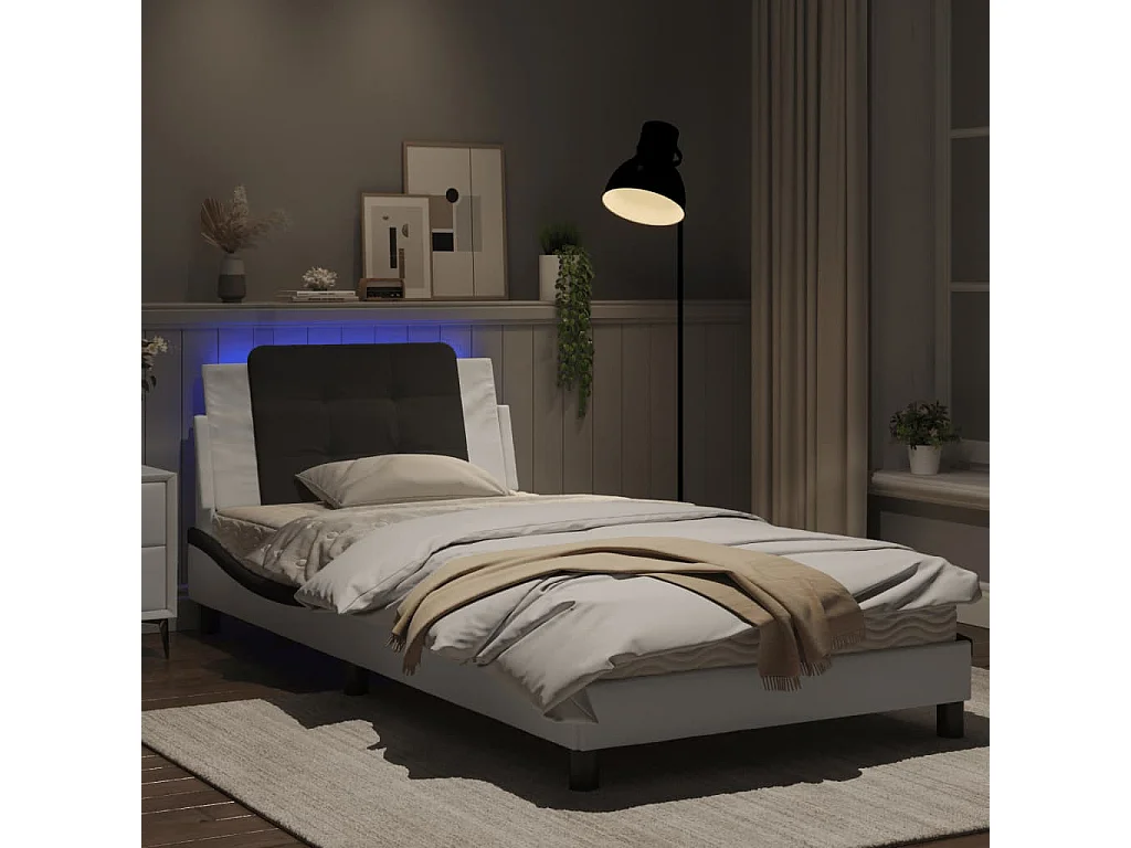 Cadre de lit avec lumières LED blanc noir 100x200 similicuir