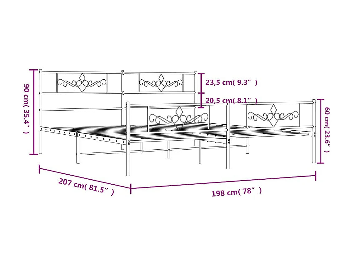 Cadre de lit métal avec tête de lit-pied de lit blanc 193x203