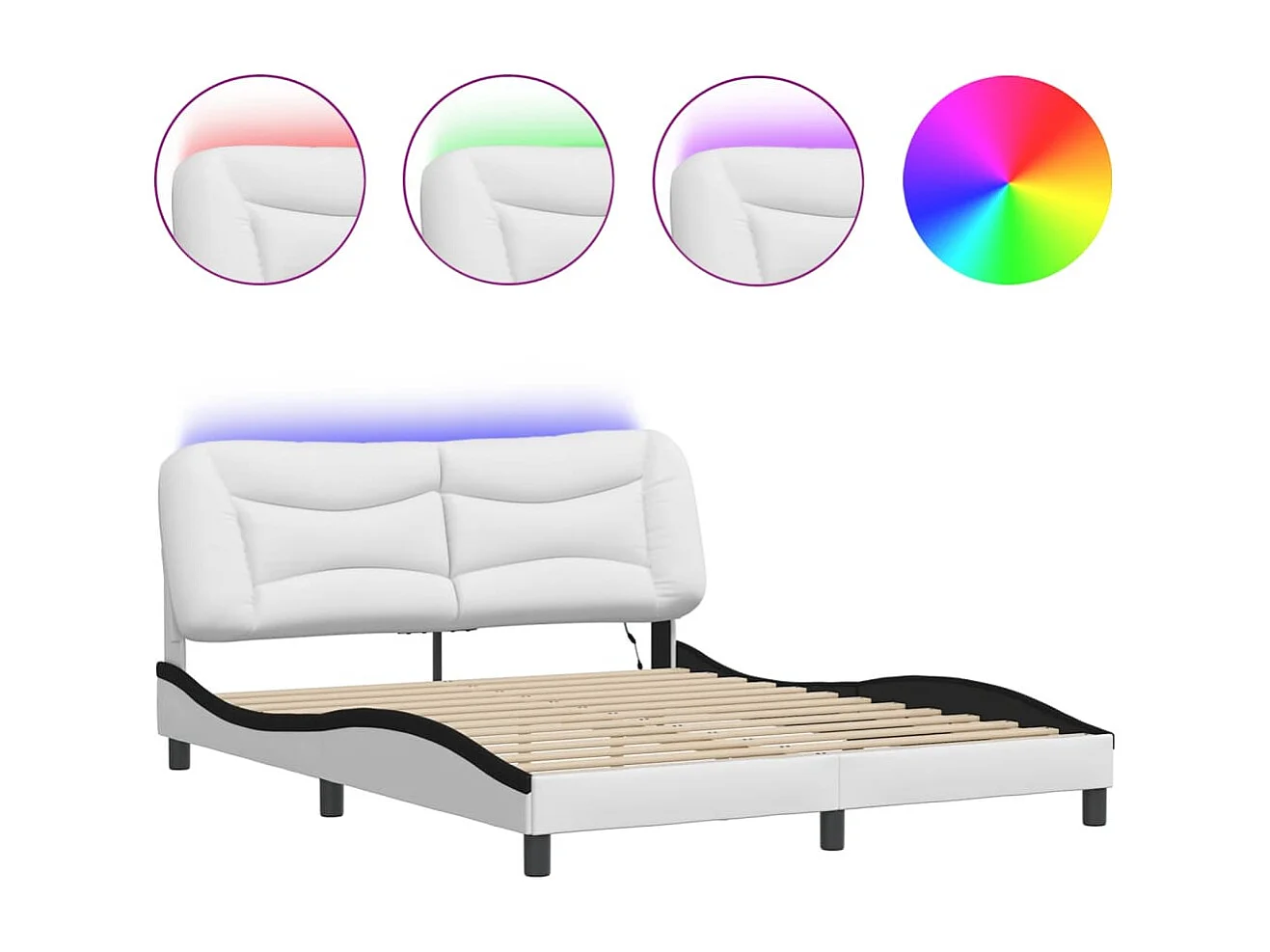 Cadre de lit avec lumières LED blanc noir 160x200 similicuir
