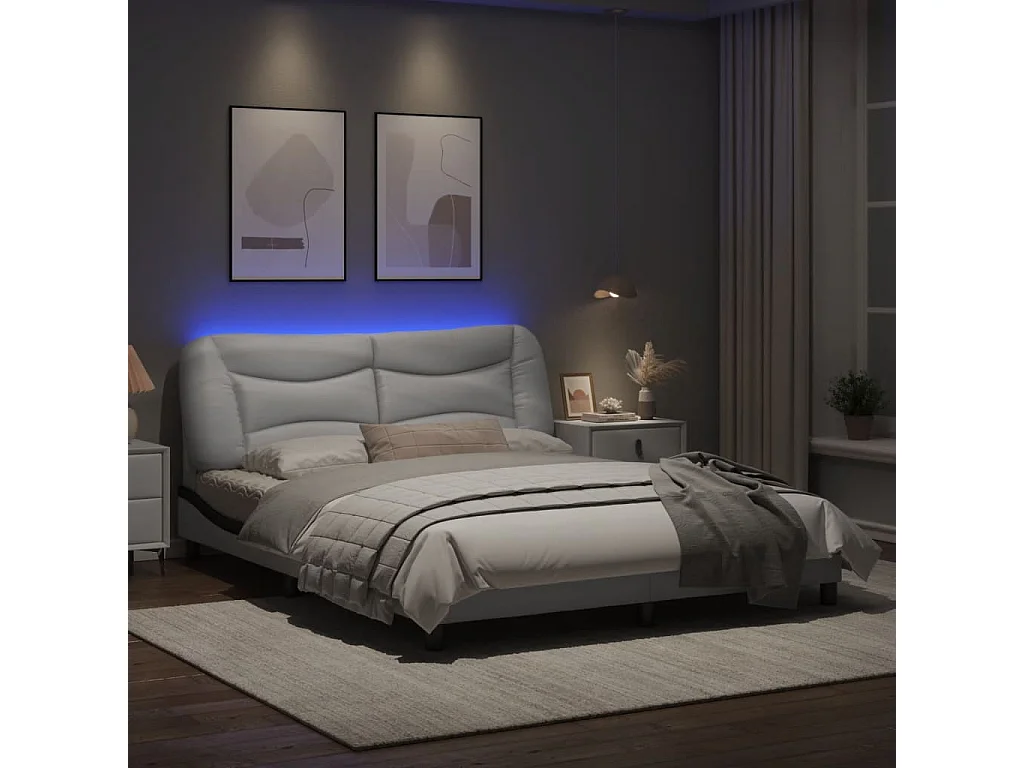 Cadre de lit avec lumières LED blanc noir 160x200 similicuir