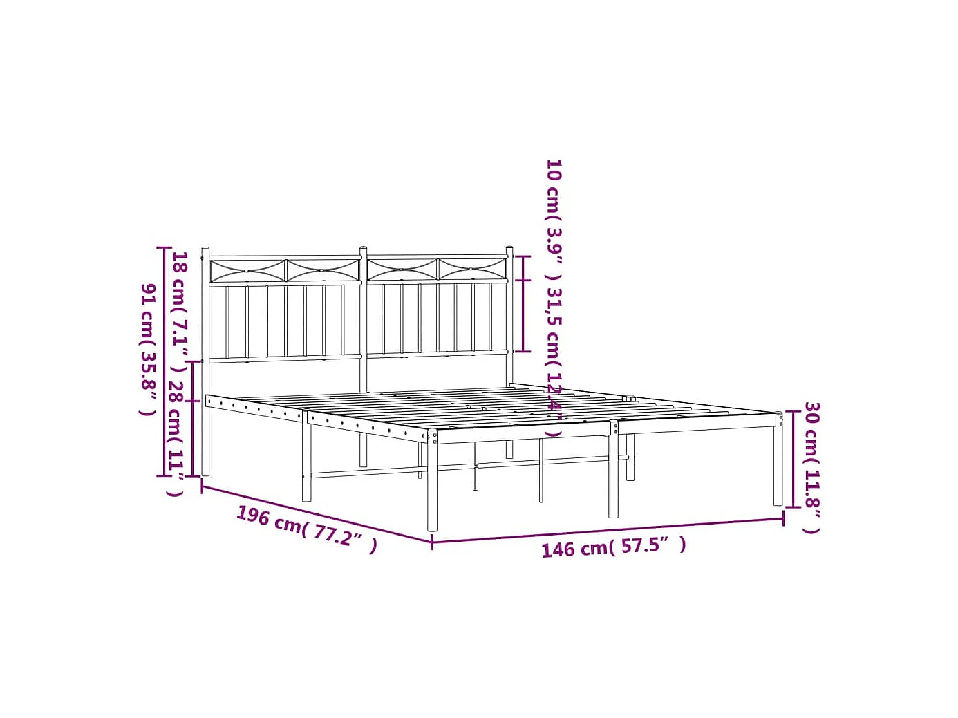 Cadre de lit métal avec tête de lit noir 140x190