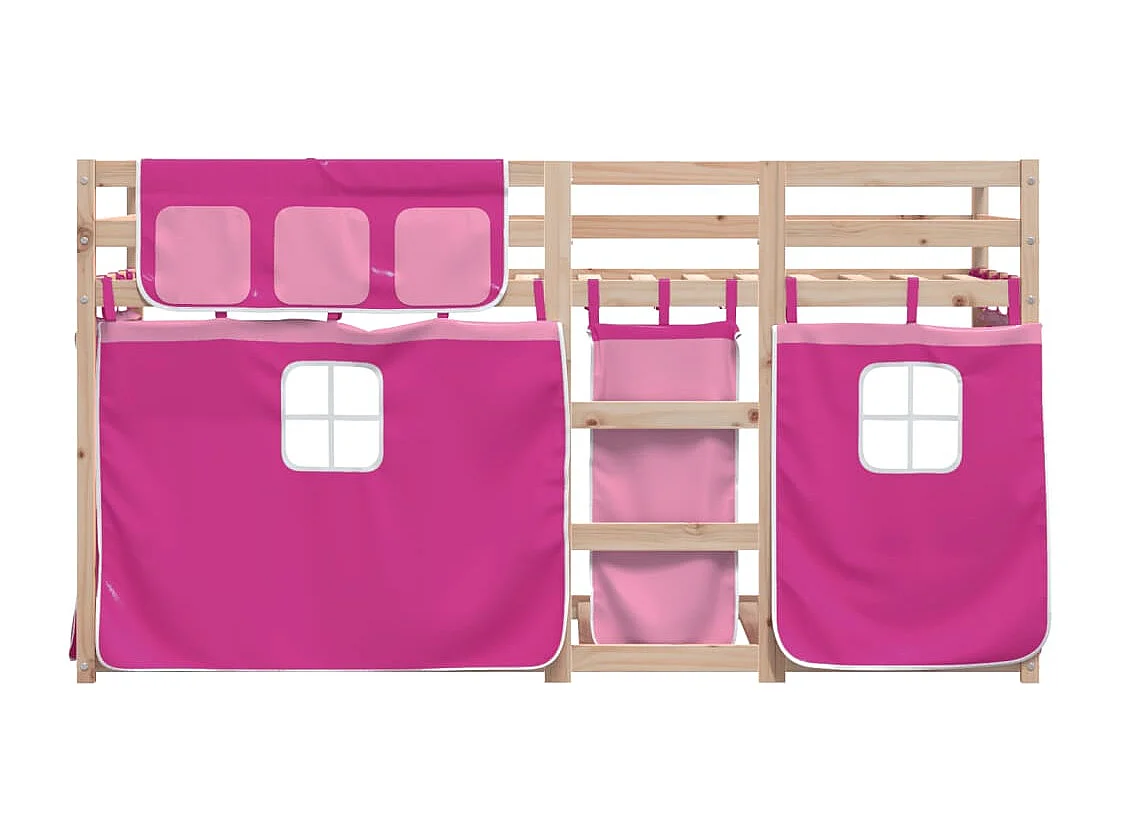 Lit superposé avec rideaux rose 75x190 bois pin massif