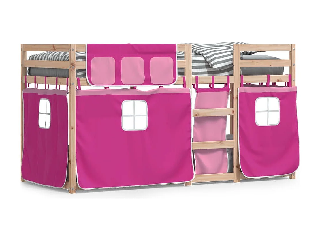Lit superposé avec rideaux rose 75x190 bois pin massif