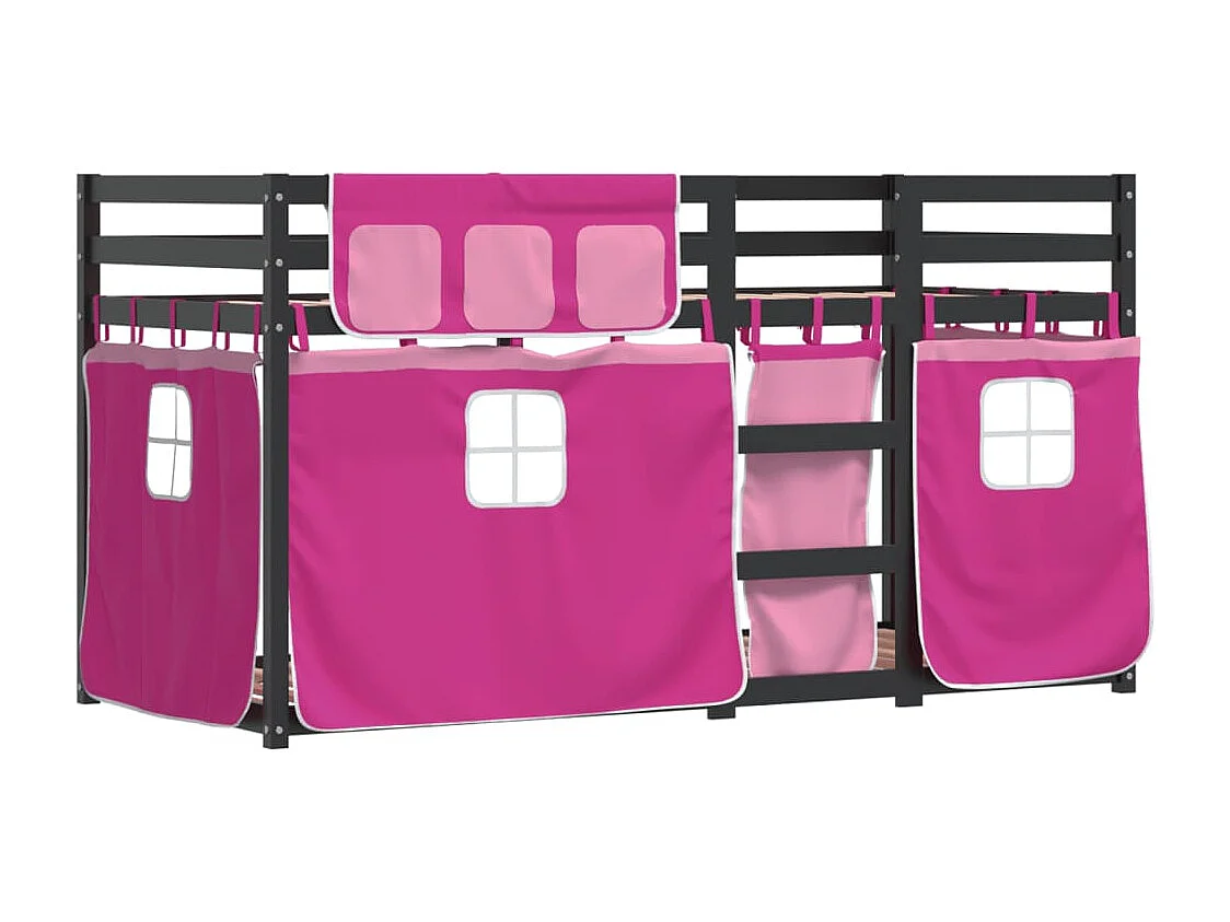 Lit superposé avec rideaux rose 90x190 bois pin massif