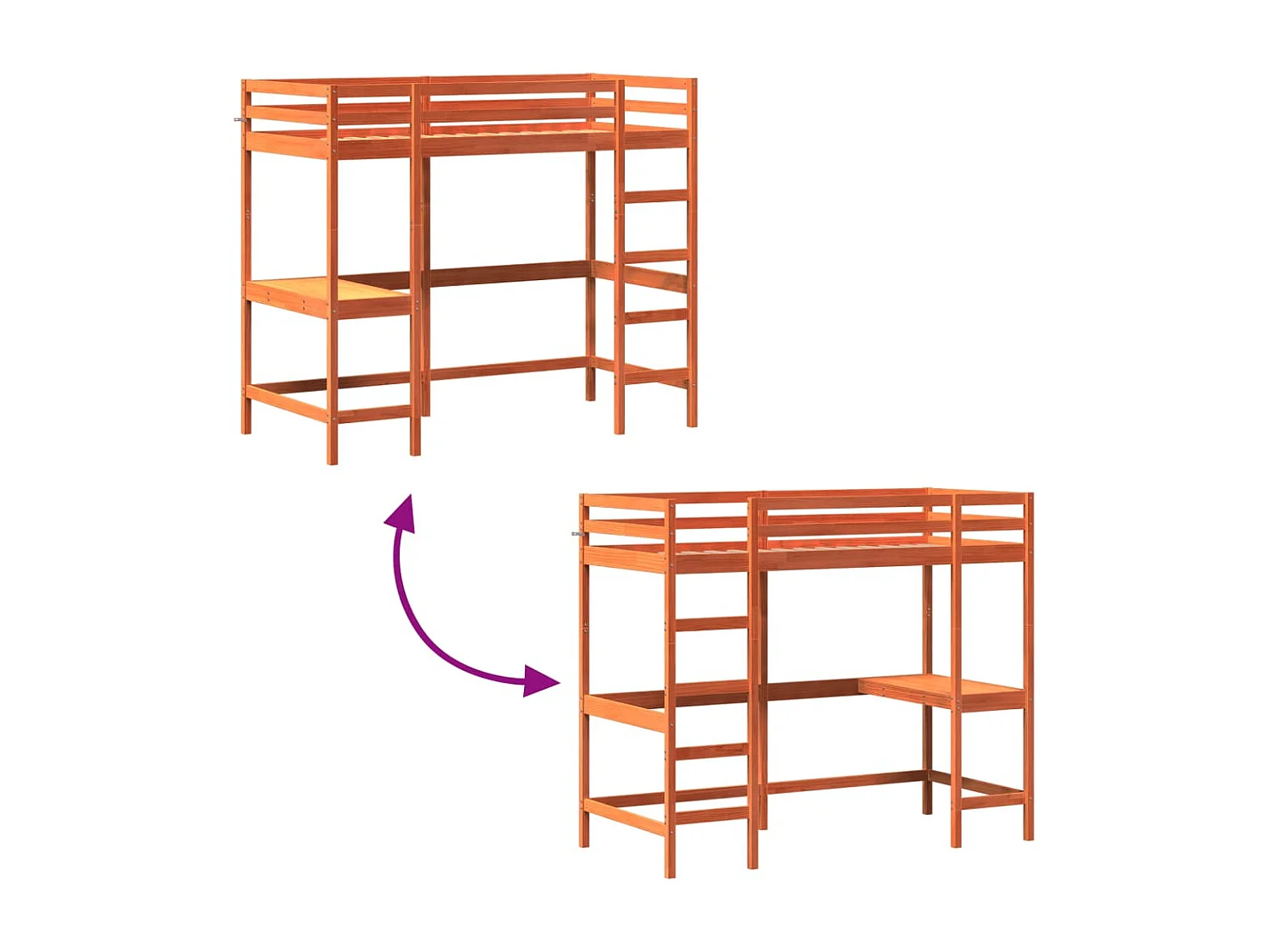 Lit superposé avec bureau marron 90x190 bois pin massif