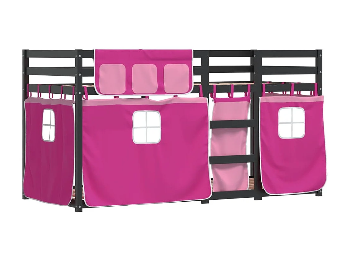 Lit superposé avec rideaux rose 90x200 bois pin massif