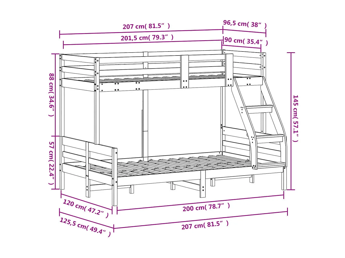 Lit superposé 90x200-120x200 bois de pin massif