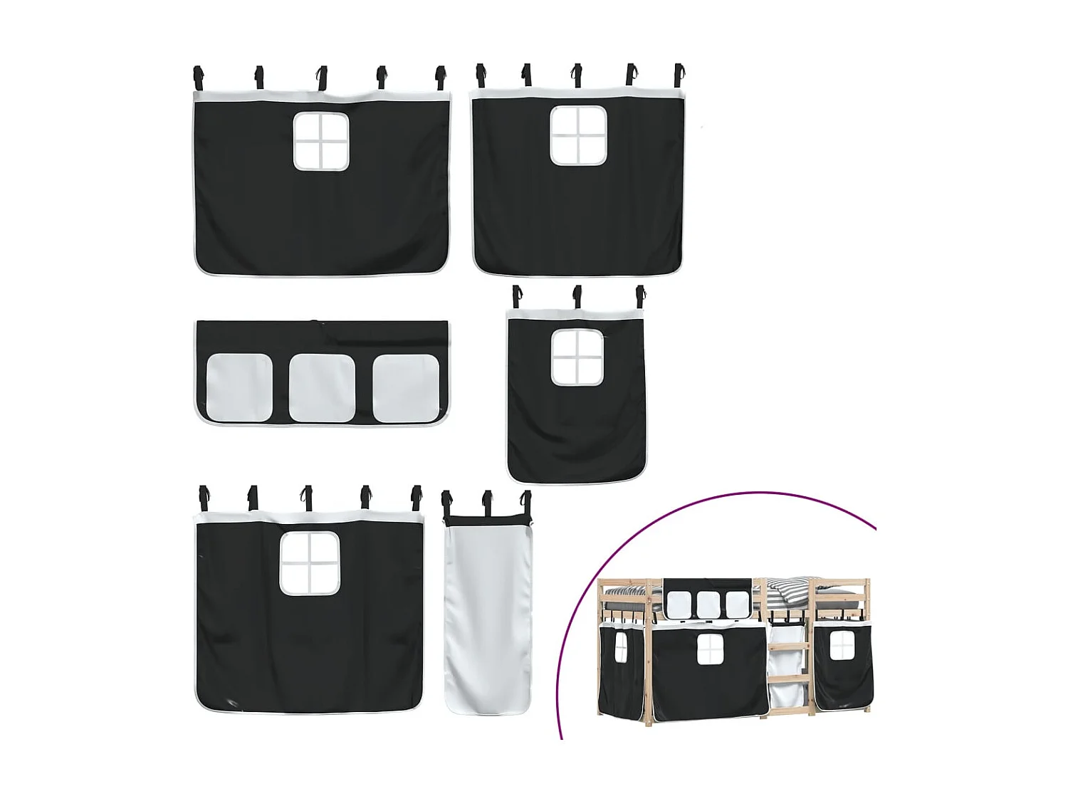 Lit superposé avec rideaux blanc-noir 90x190 bois pin massif