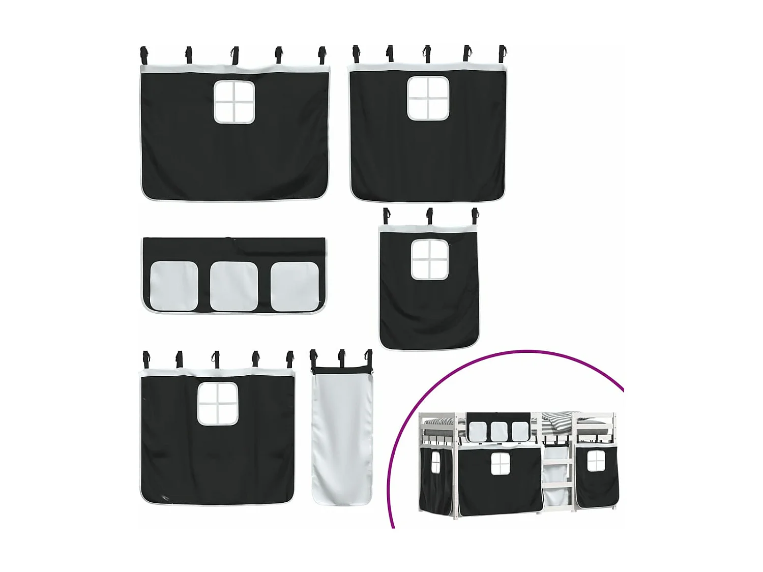 Lit superposé avec rideaux blanc-noir 80x200 bois pin massif