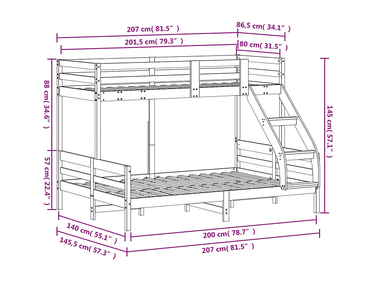 Lit superposé 80x200-140x200 bois de pin massif