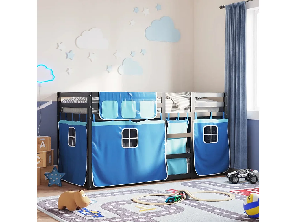 Lit superposé avec rideaux bleu 90x190 bois pin massif