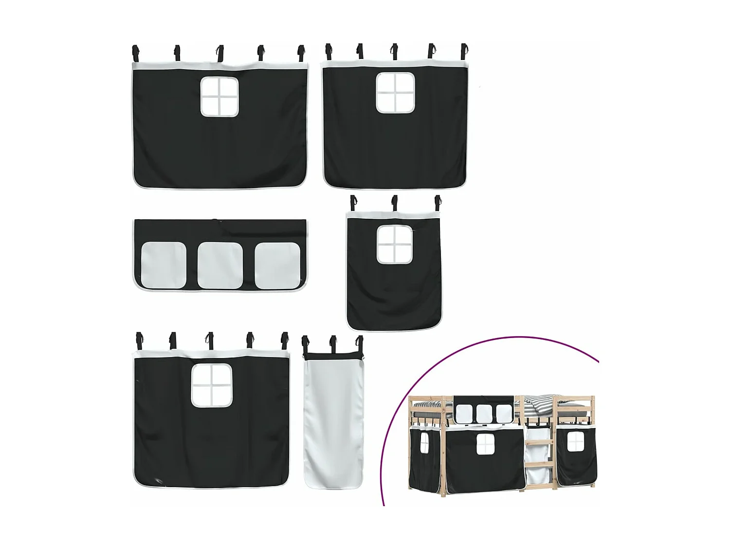 Lit superposé avec rideaux blanc-noir 90x200 bois pin massif