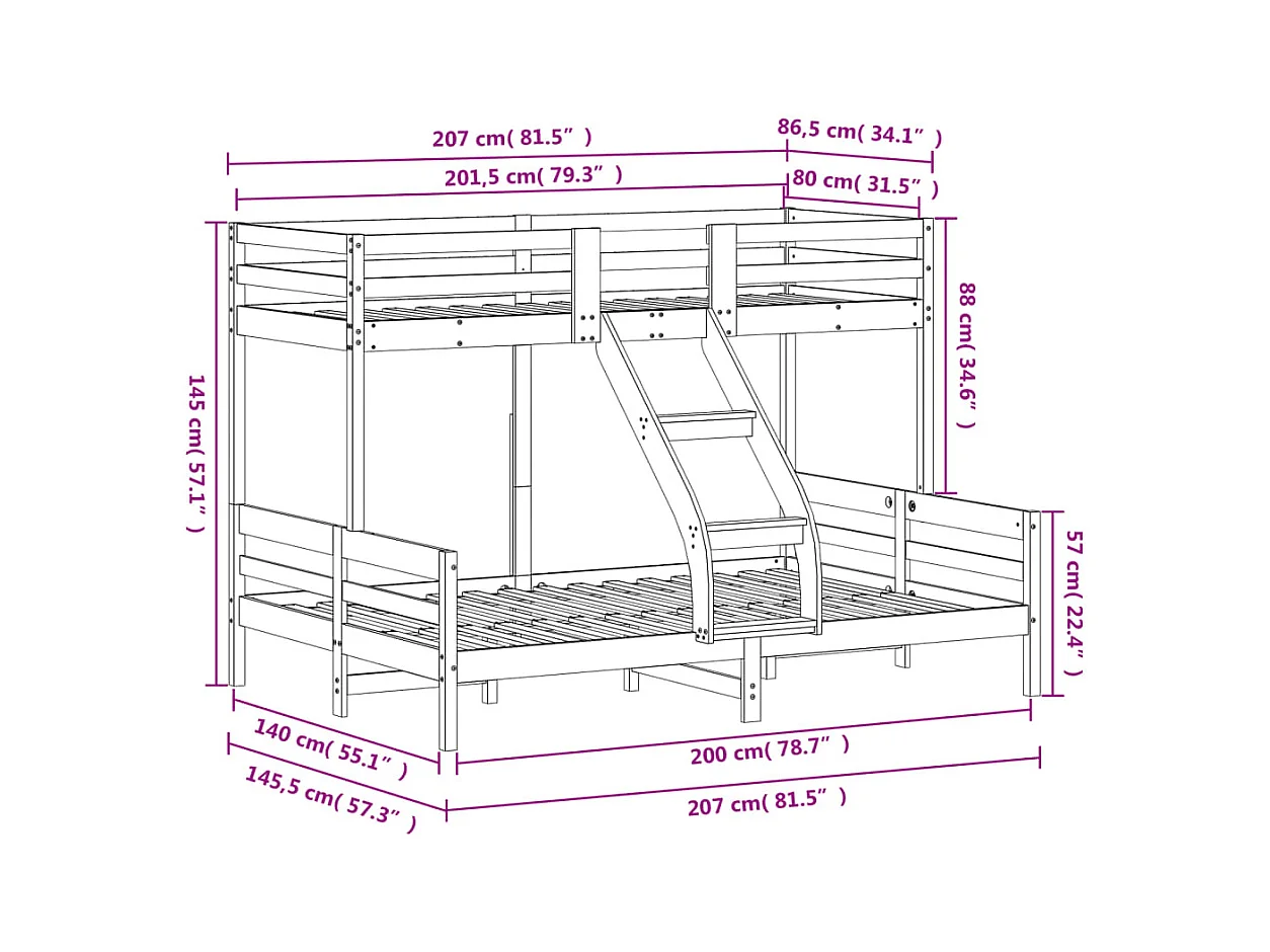 Lit superposé 80x200-140x200 bois de pin massif