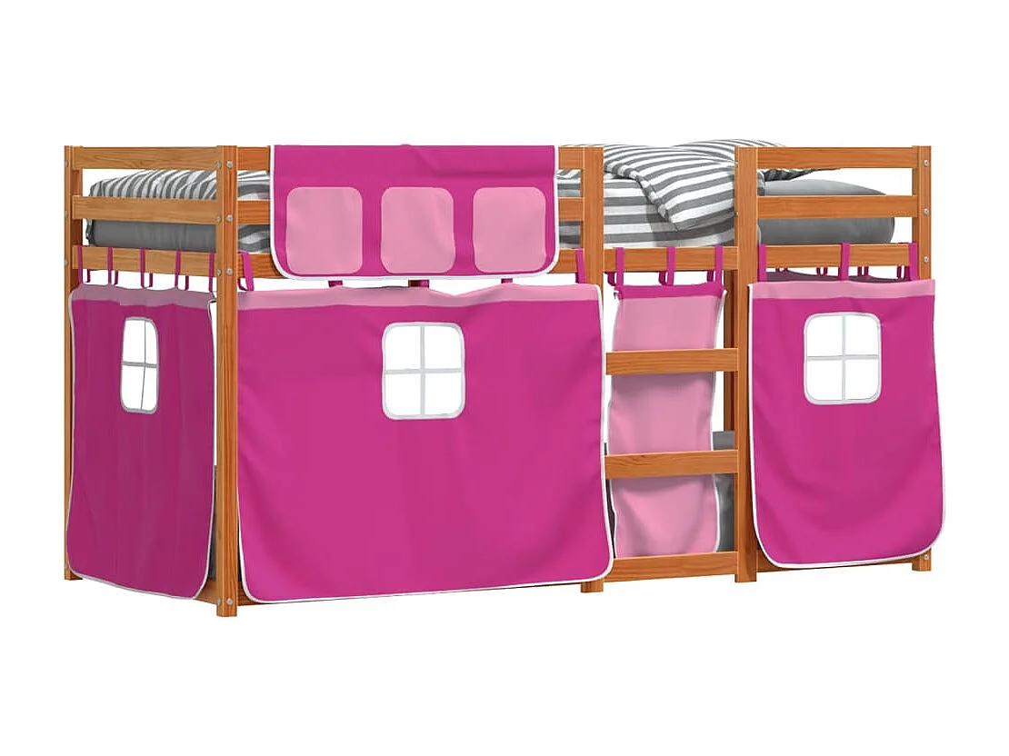 Lit superposé avec rideaux rose 80x200 bois pin massif
