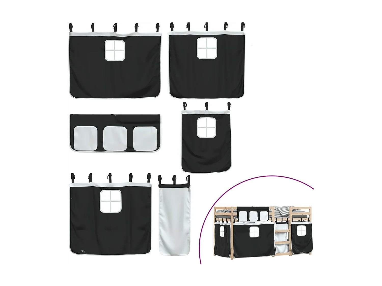 Lit superposé avec rideaux blanc-noir 90x190 bois pin massif