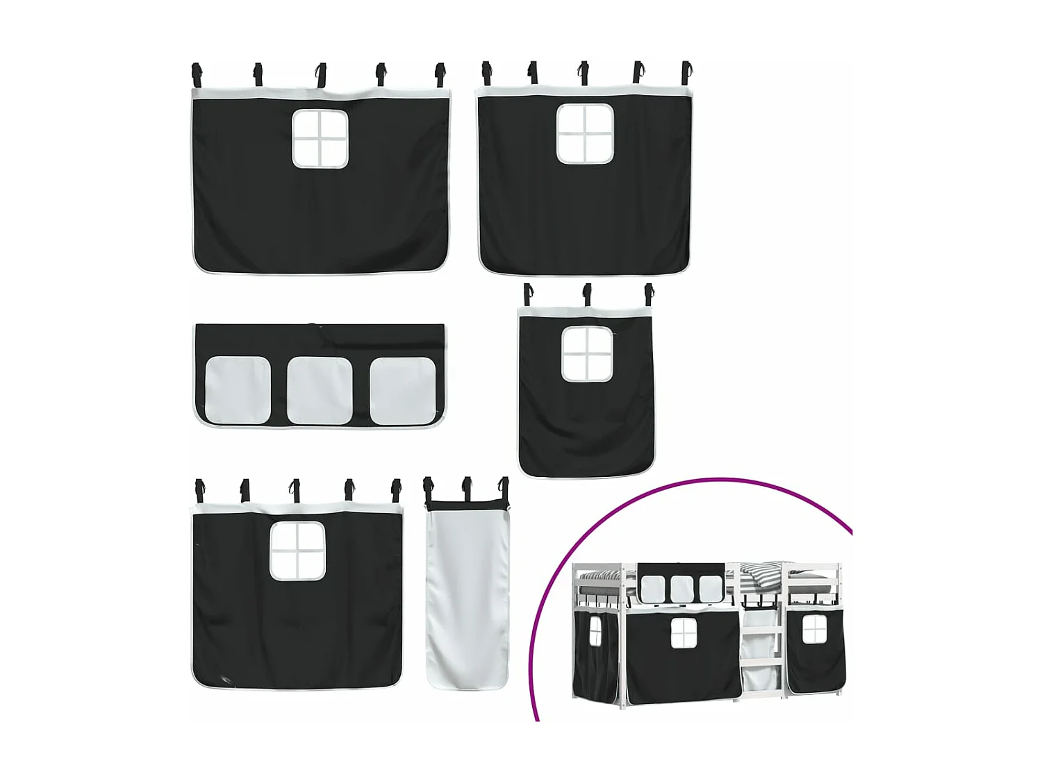 Lit superposé avec rideaux blanc-noir 75x190 bois pin massif