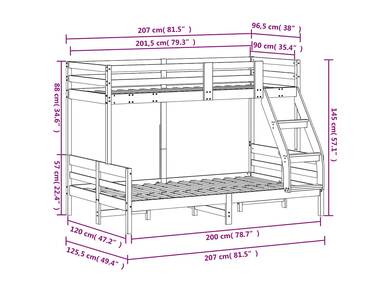 Lit superposé 90x200-120x200 blanc bois de pin massif