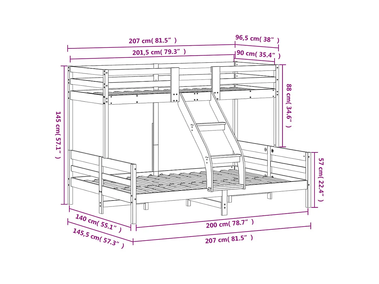Lit superposé 90x200-140x200 bois de pin massif
