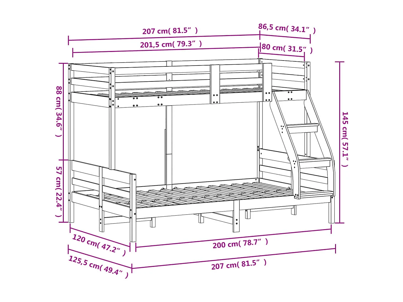 Lit superposé 80x200-120x200 bois de pin massif