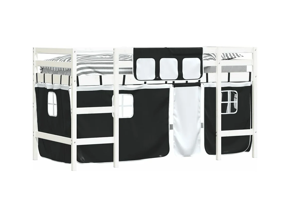 Lit mezzanine enfants et rideaux blanc-noir 80x200 pin massif