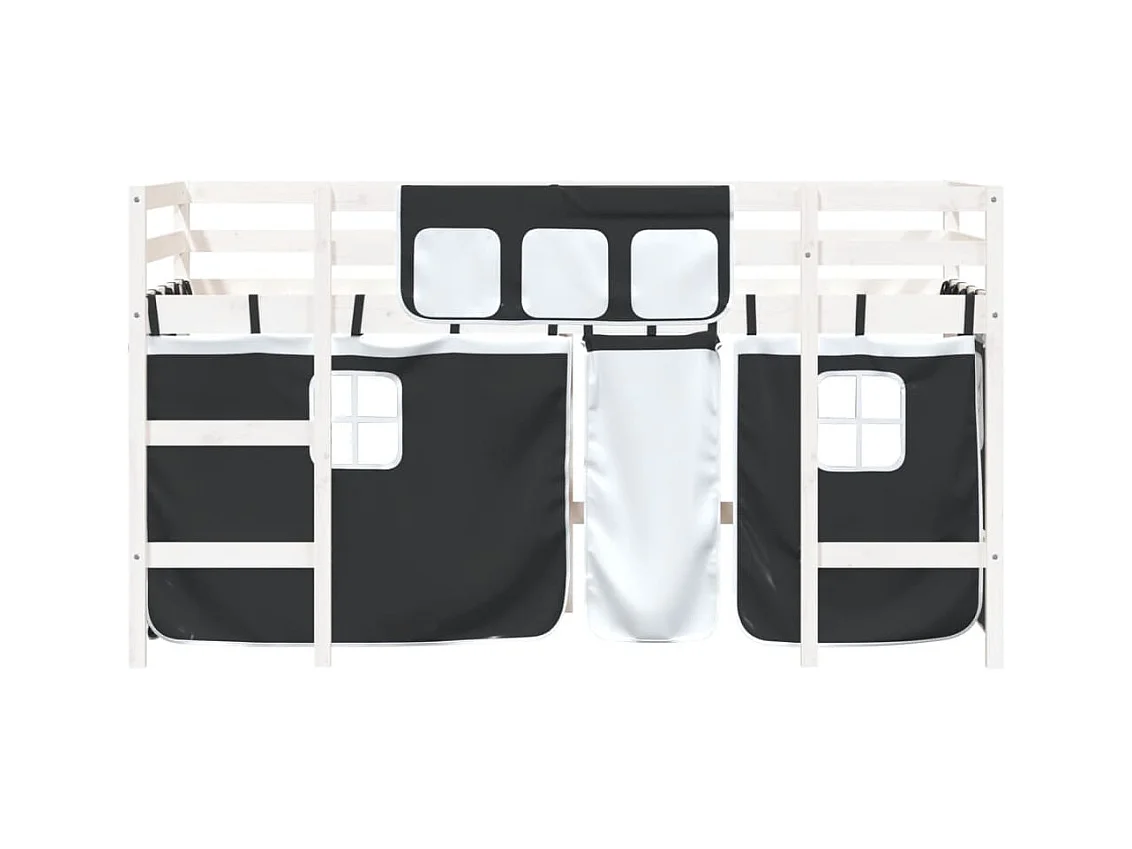 Lit mezzanine enfants et rideaux blanc-noir 80x200 pin massif