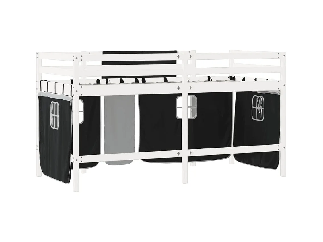 Lit mezzanine enfants et rideaux blanc-noir 80x200 pin massif