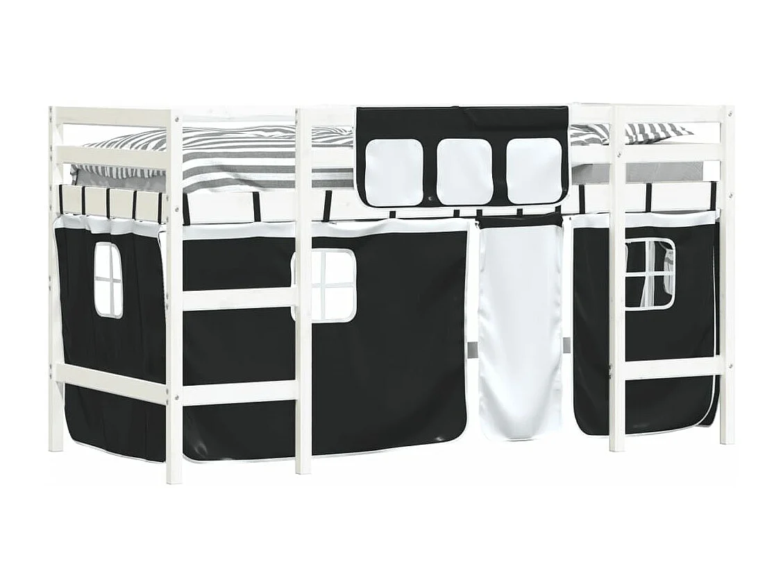 Lit mezzanine enfants et rideaux blanc-noir 80x200 pin massif
