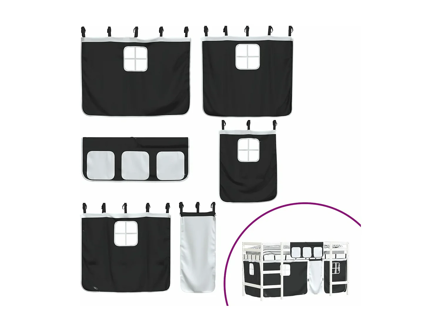 Lit mezzanine enfants et rideaux blanc-noir 80x200 pin massif