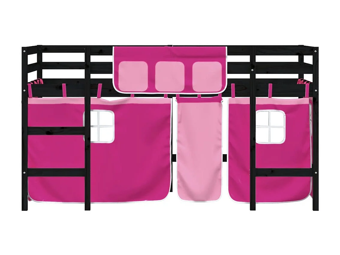Lit mezzanine enfants et rideaux rose 90x200 bois pin massif